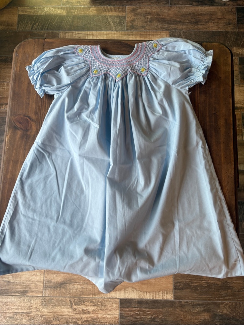 Light Blue Smocked Puff Sleeve Dress with Pastel Embroidery